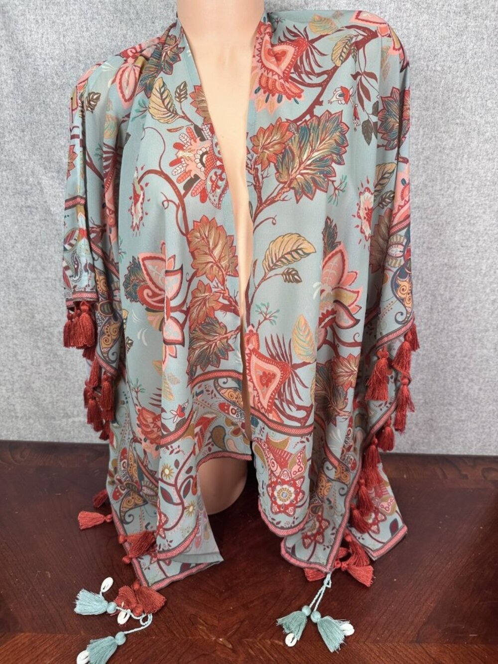 Soft Surroundings S/M Womens Wrap Lightweight‎ Boho Fringe Floral Semi-Sheer